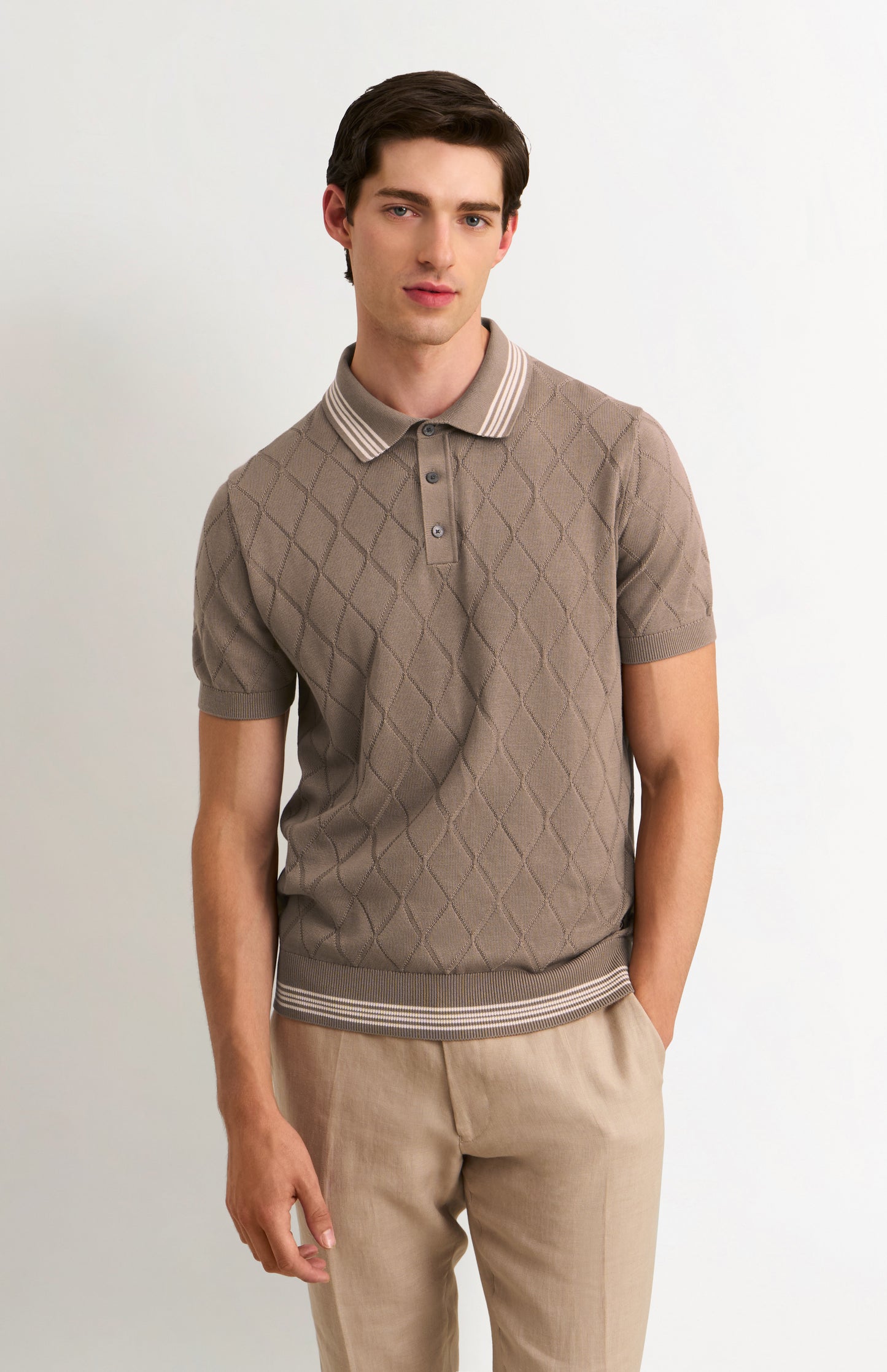 Men's Cotton And Silk Textured Argyle Polo Shirt In Mushroom