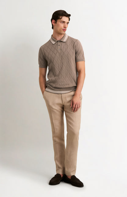 Men's Cotton And Silk Textured Argyle Polo Shirt In Mushroom