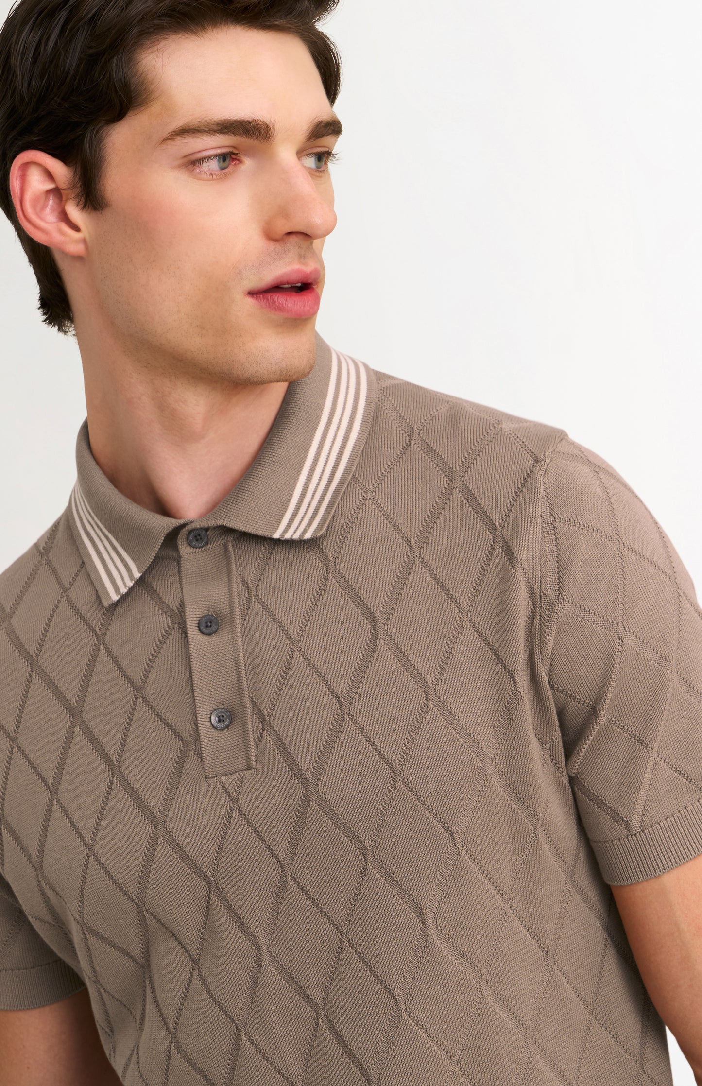Men's Cotton And Silk Textured Argyle Polo Shirt In Mushroom