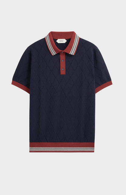 Men's Cotton And Silk Textured Argyle Polo Shirt In Navy