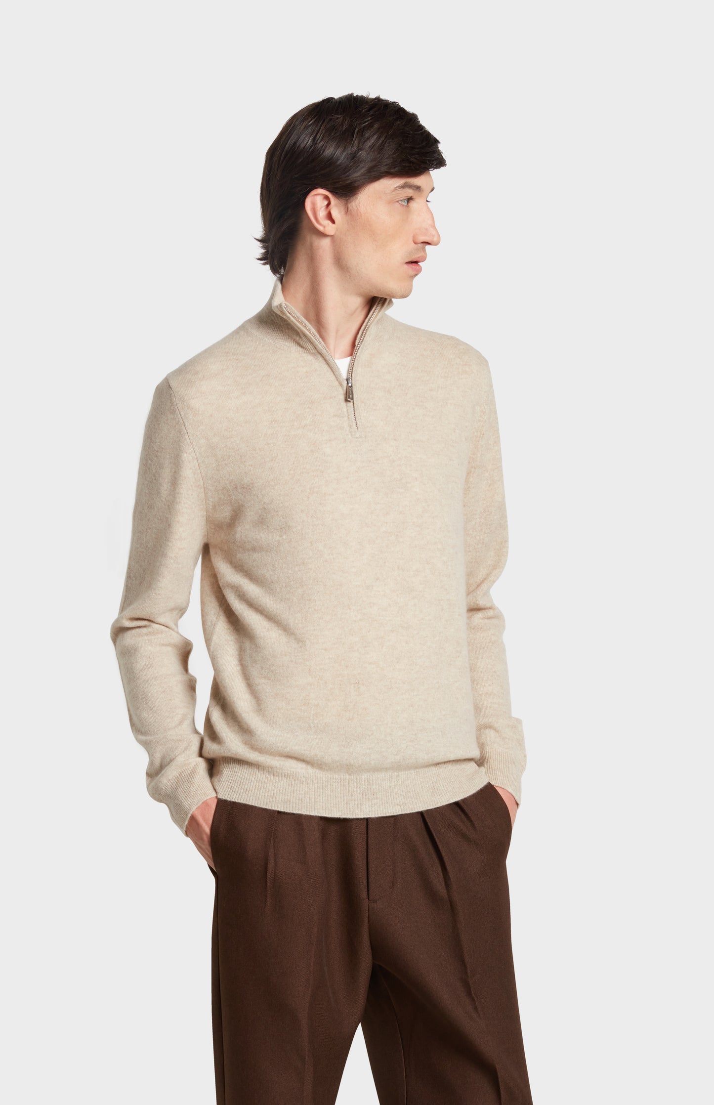Pringle of Scotland Qtr Zip Cashmere Jmper In Oatmeal Jumper on Model