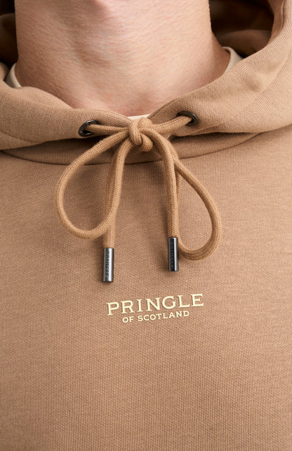 Pringle Men's Hooded Jumper In Mushroom rubberised 2D logo detail