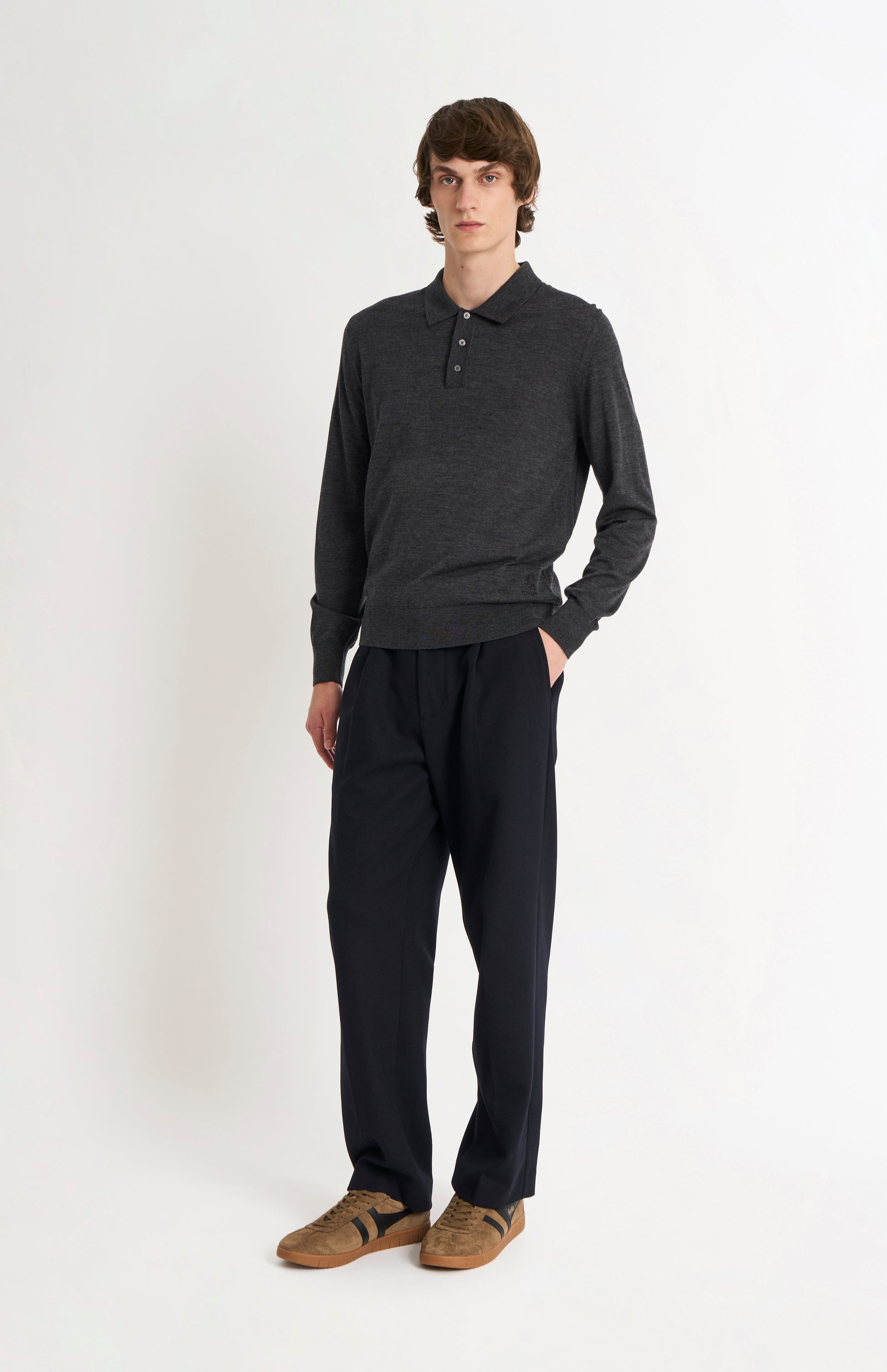 Pringle Men's Polo Shirt Fine Merino Wool Jumper in Charcoal Melange on standing model