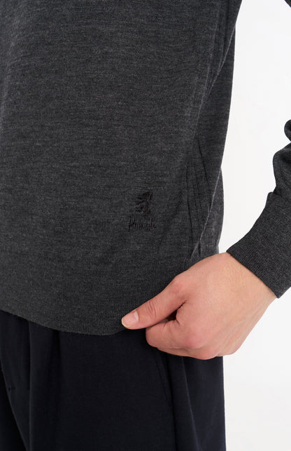 Pringle Men's Polo Shirt Fine Merino Wool Jumper in Charcoal Melange showing lion logo embroidery