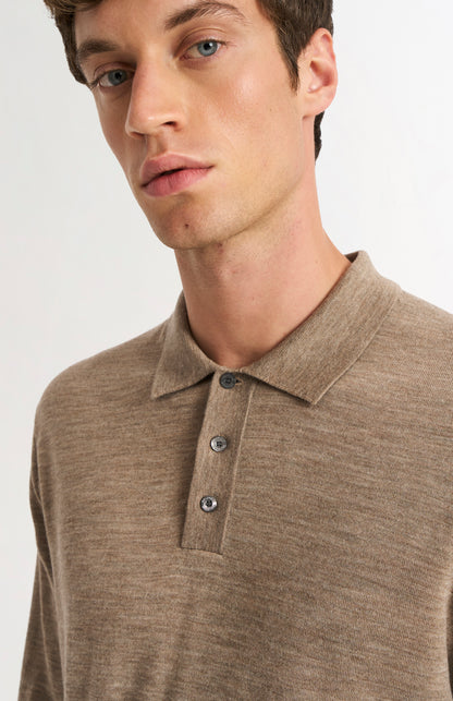 Pringle Men's Polo Shirt Extra Fine Merino Wool Jumper In Mushroom showing neck detail