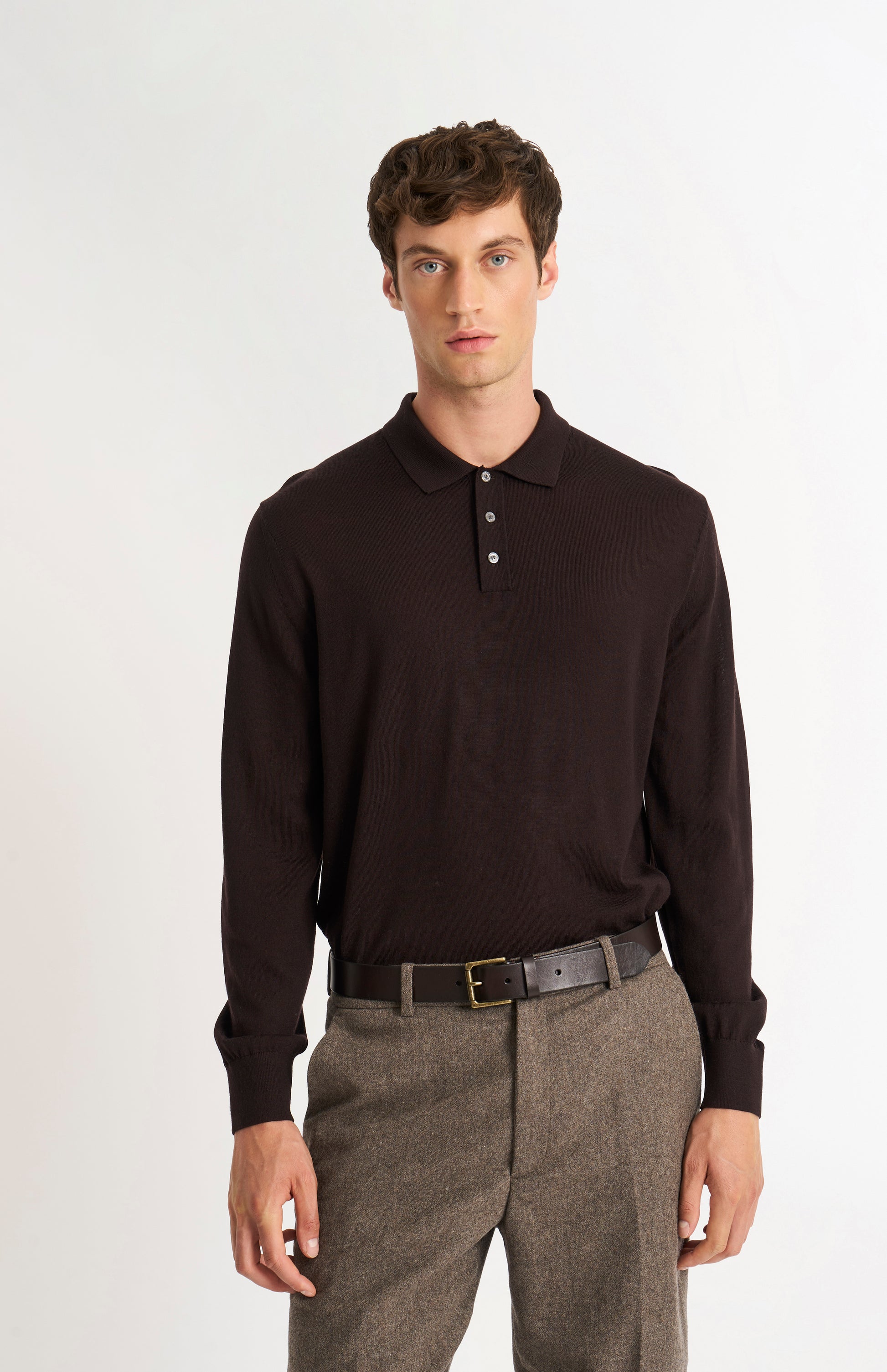 Pringle Men's Polo Shirt Extra Fine Merino Wool Jumper in Dark Brown on model