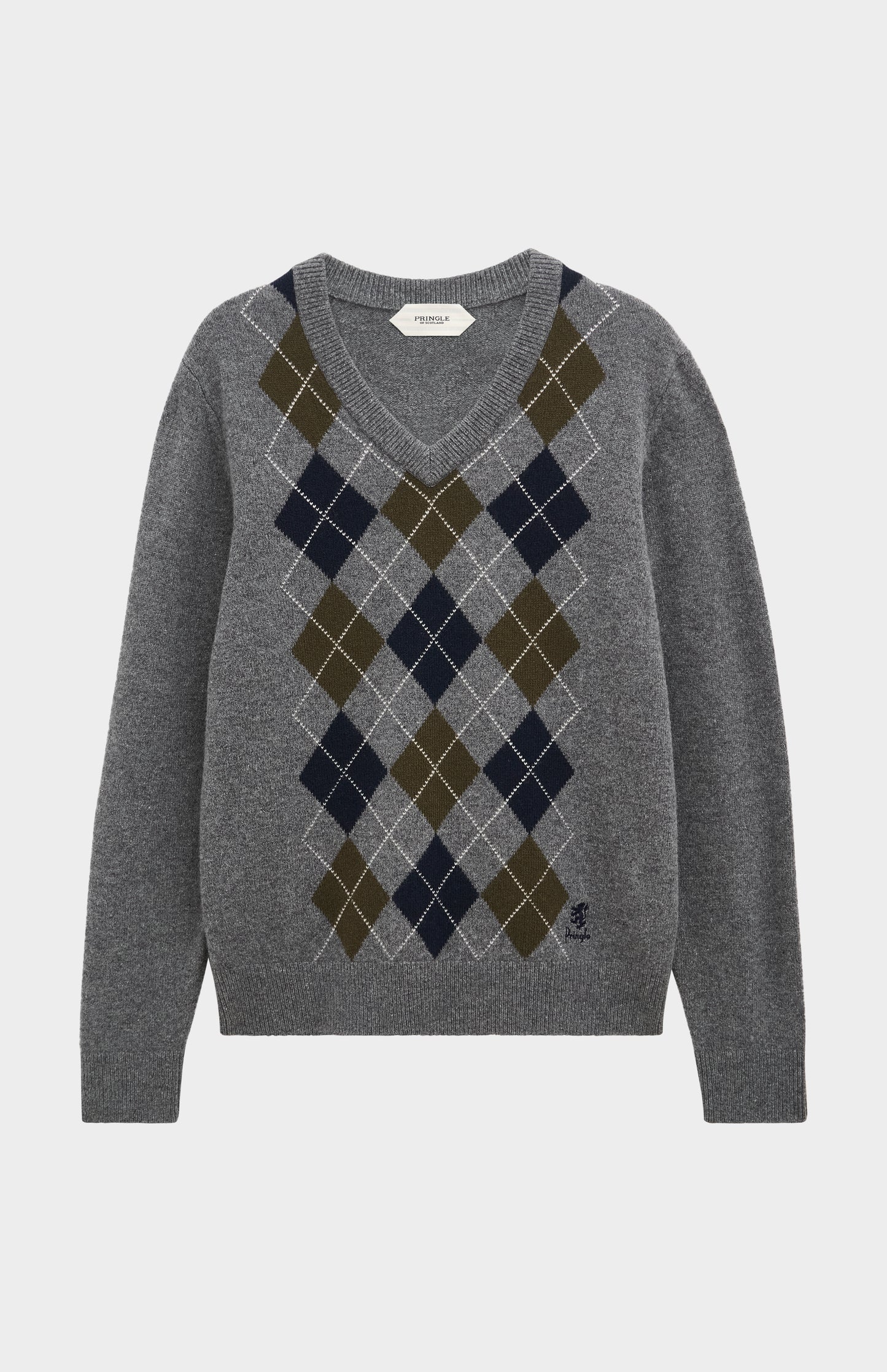 Pringle Men’s Lambswool Argyle V-Neck Jumper in Grey, Olive & Blue flat shot