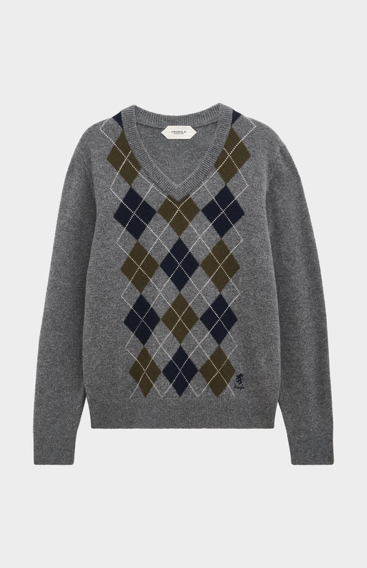 Pringle Men’s Lambswool Argyle V-Neck Jumper in Grey, Olive & Blue flat shot