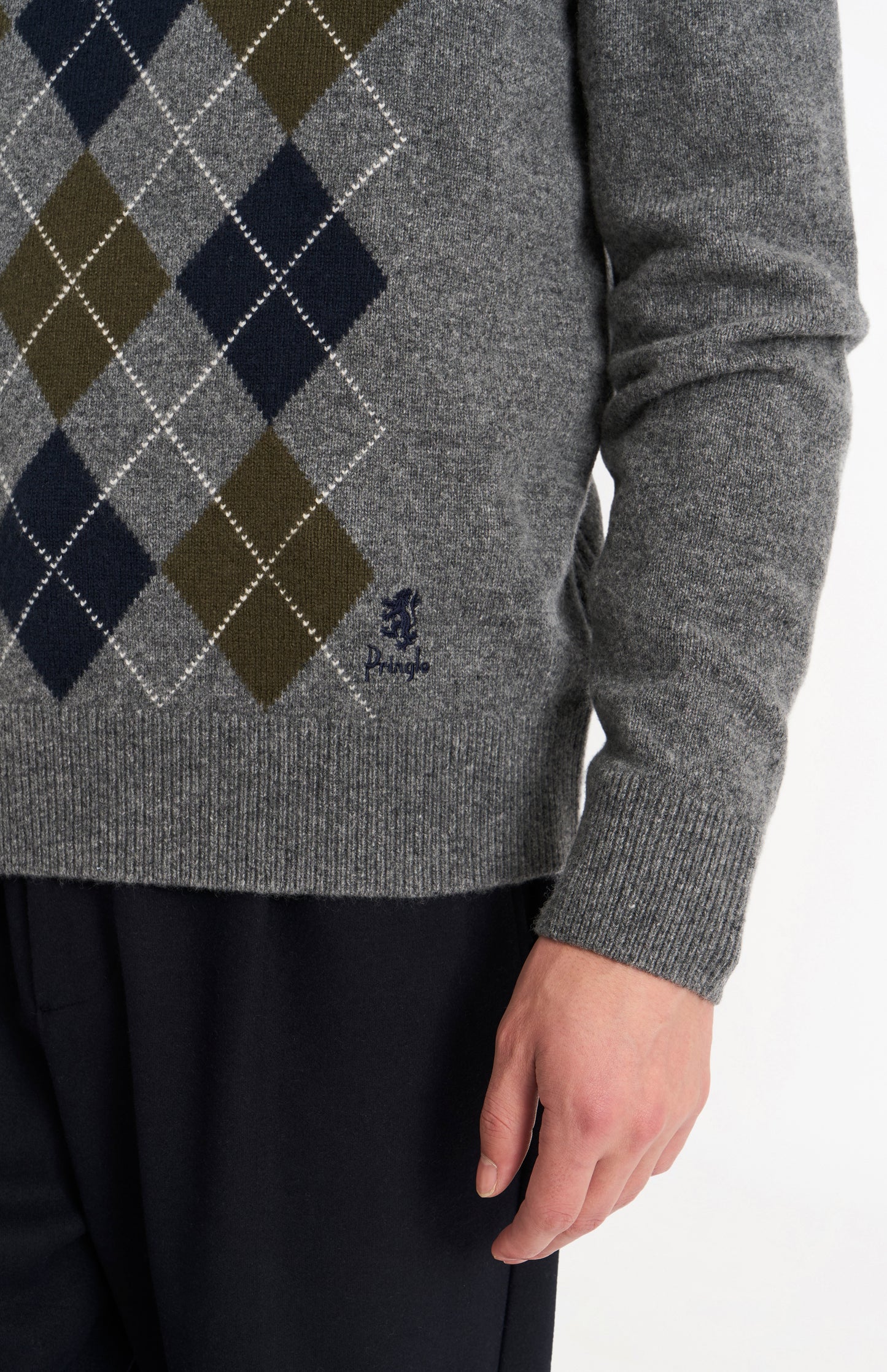 Pringle Men’s Lambswool Argyle V-Neck Jumper in Grey, Olive & Blue embroidery detail