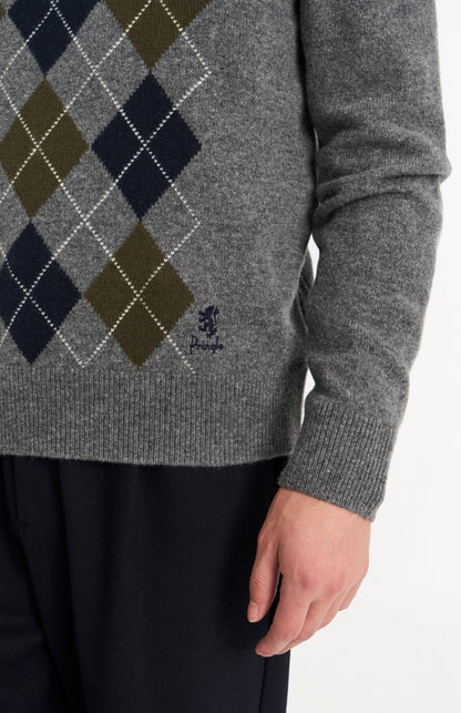 Pringle Men’s Lambswool Argyle V-Neck Jumper in Grey, Olive & Blue embroidery detail