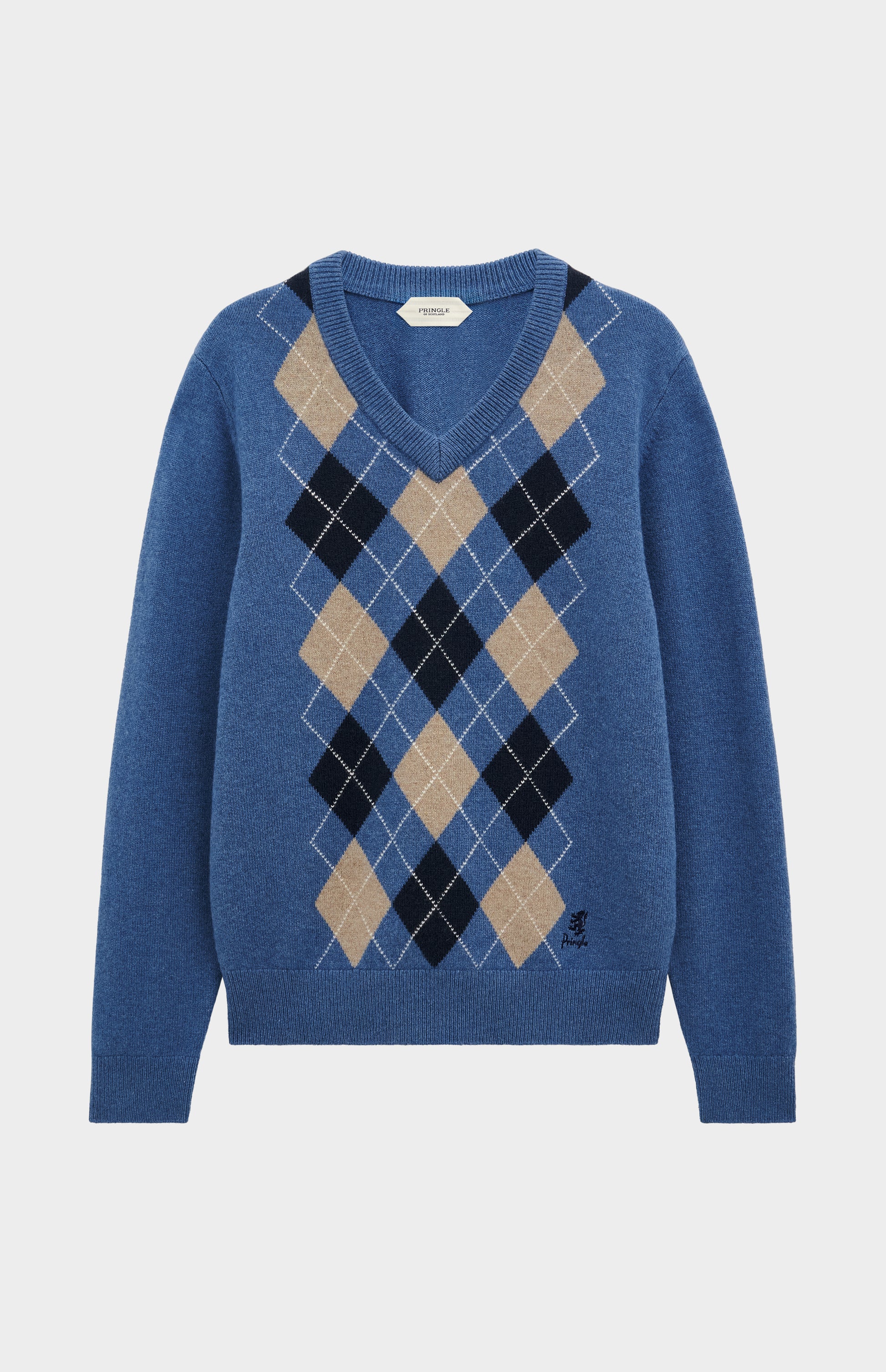 Pringle Men's Kessock  V-neck Lambswool Argyle Jumper In Blue, Mushroom & Navy flat shot
