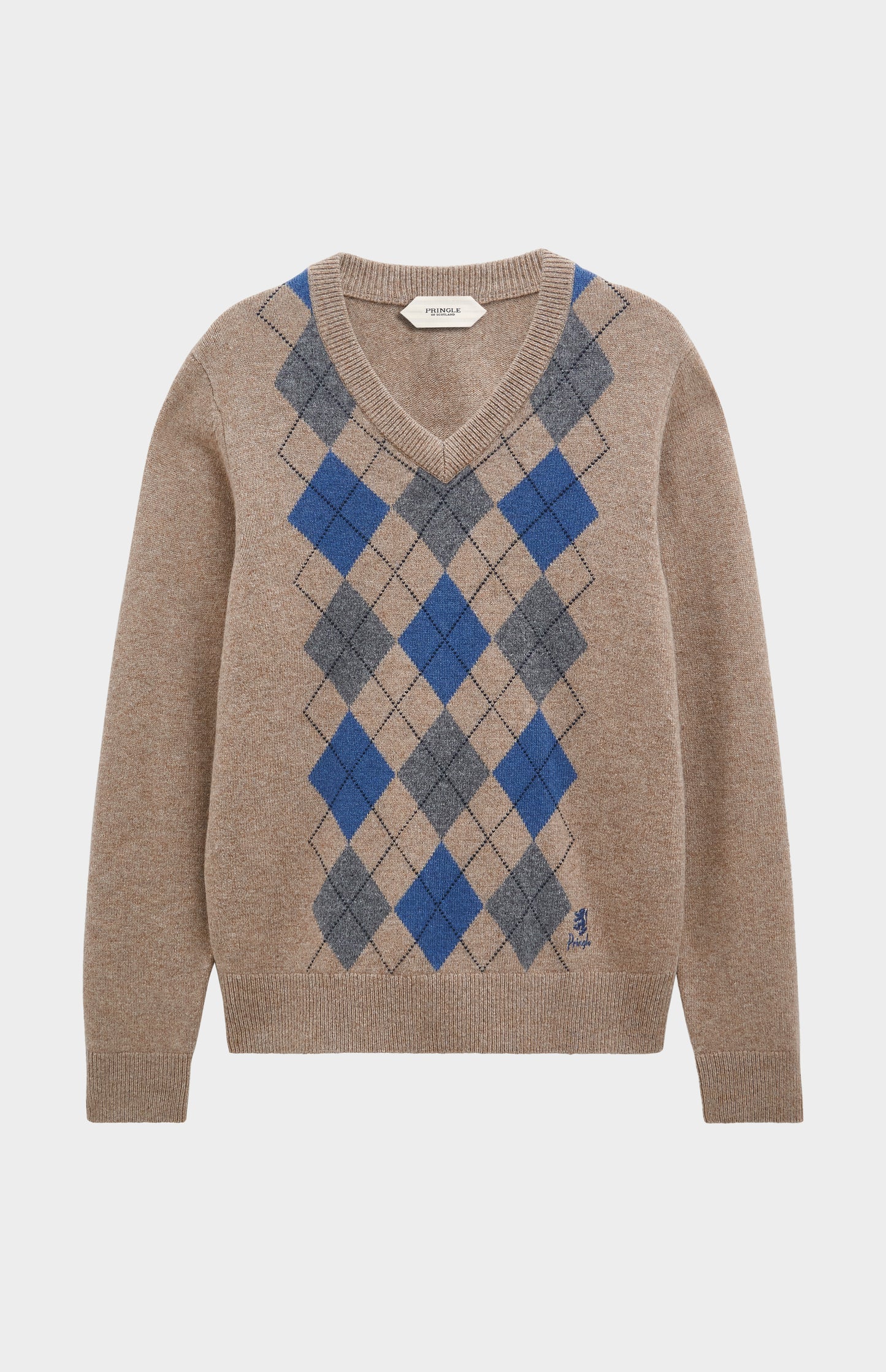Pringle Men’s Lambswool Argyle V-Neck Jumper in  Mushroom, Blue & Grey flat shoy