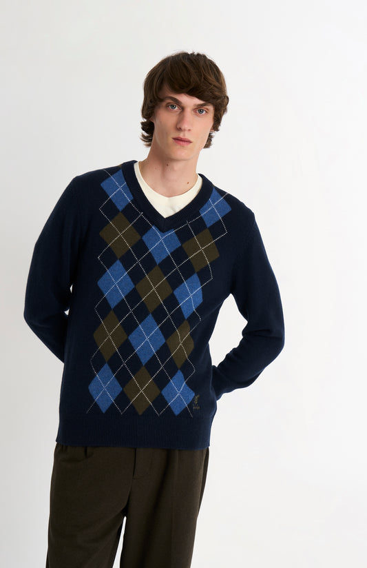 Pringle Men’s Lambswool Argyle V-Neck Jumper in Navy, Olive & Blue on model