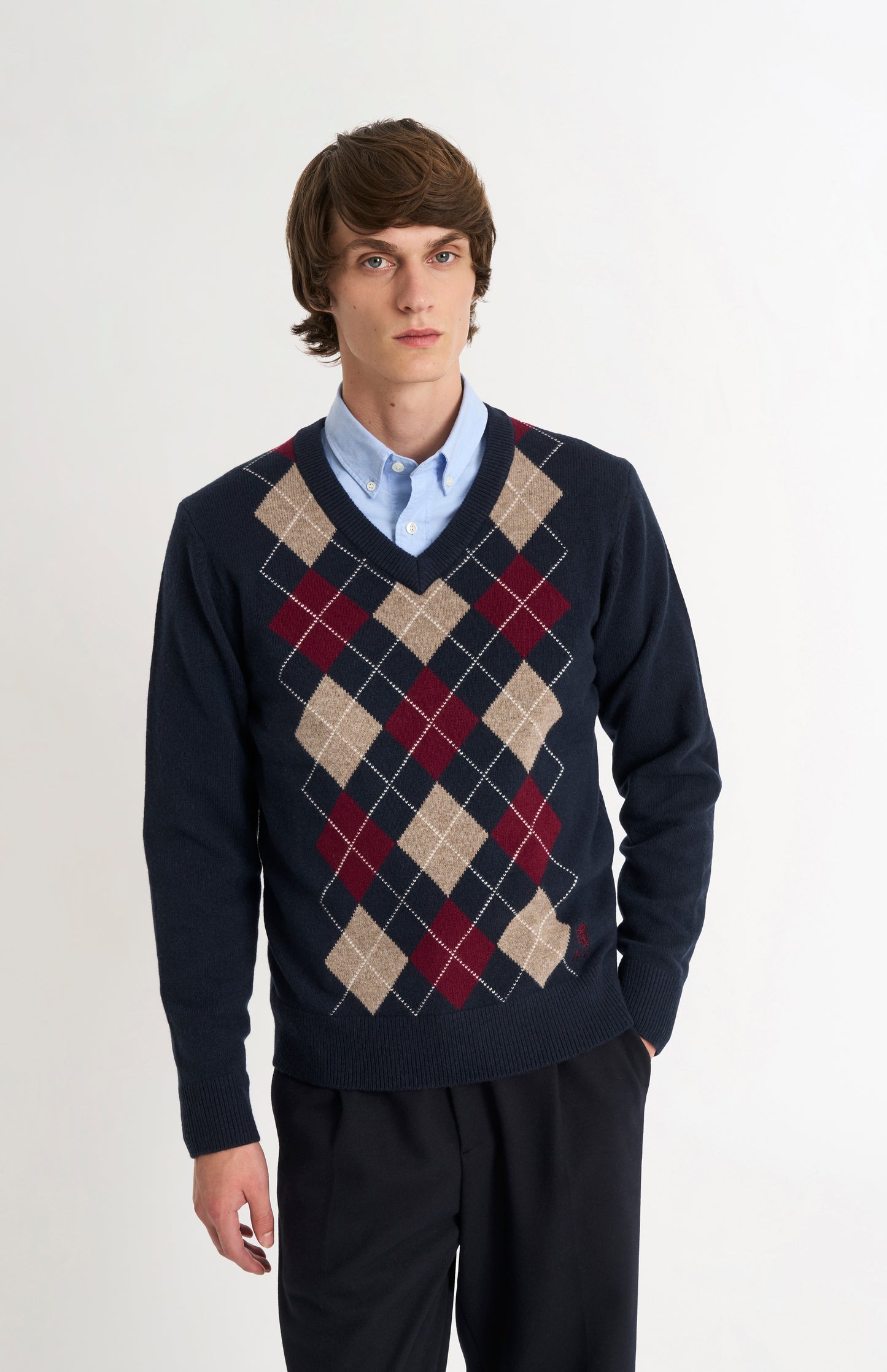 Pringle Men’s Lambswool Argyle V-Neck Jumper in Navy, Mushroom & Burgundy on model