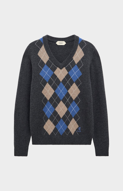 Pringle Men’s Lambswool Argyle V-Neck Jumper in Charcoal, Blue & Mushroom flat shot