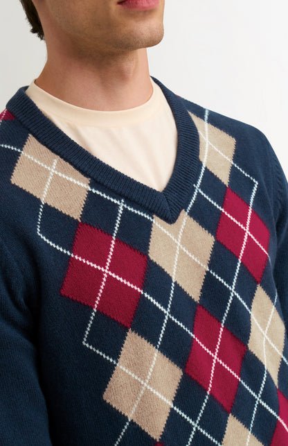 Men's Supersoft Lambswool V-neck Argyle Jumper In Navy / Red / Beige