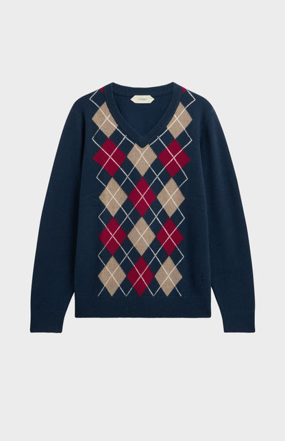 Men's Supersoft Lambswool V-neck Argyle Jumper In Navy / Red / Beige