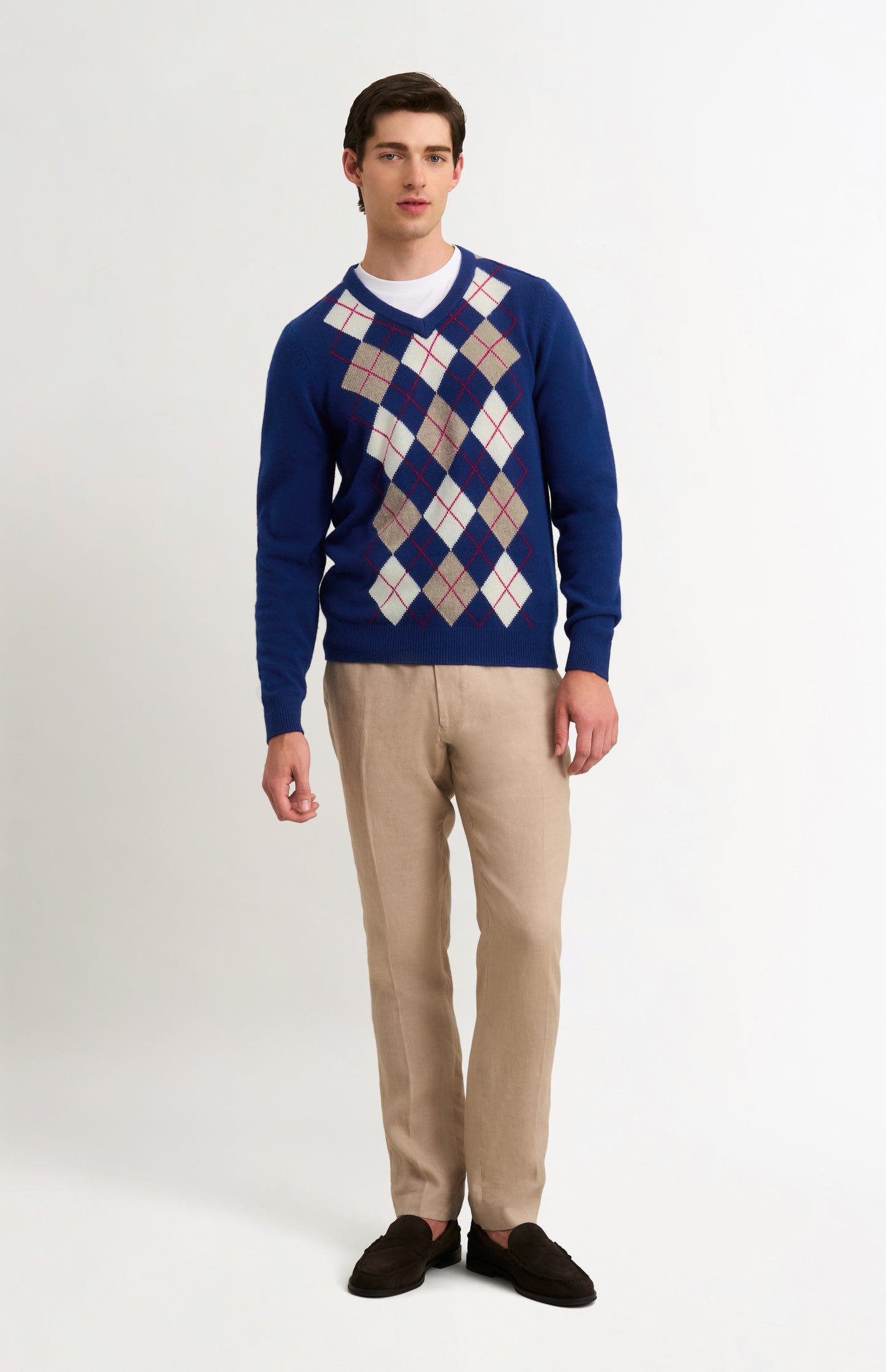 Men's Supersoft Lambswool V-neck Argyle Jumper In Royal Blue / Ecru / Camel