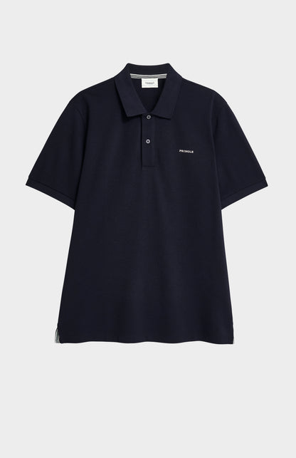 Navy polo shirt with a small white logo on a light gray background