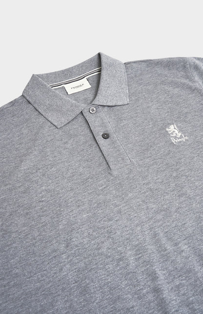 Gray polo shirt with a small logo on a light gray background