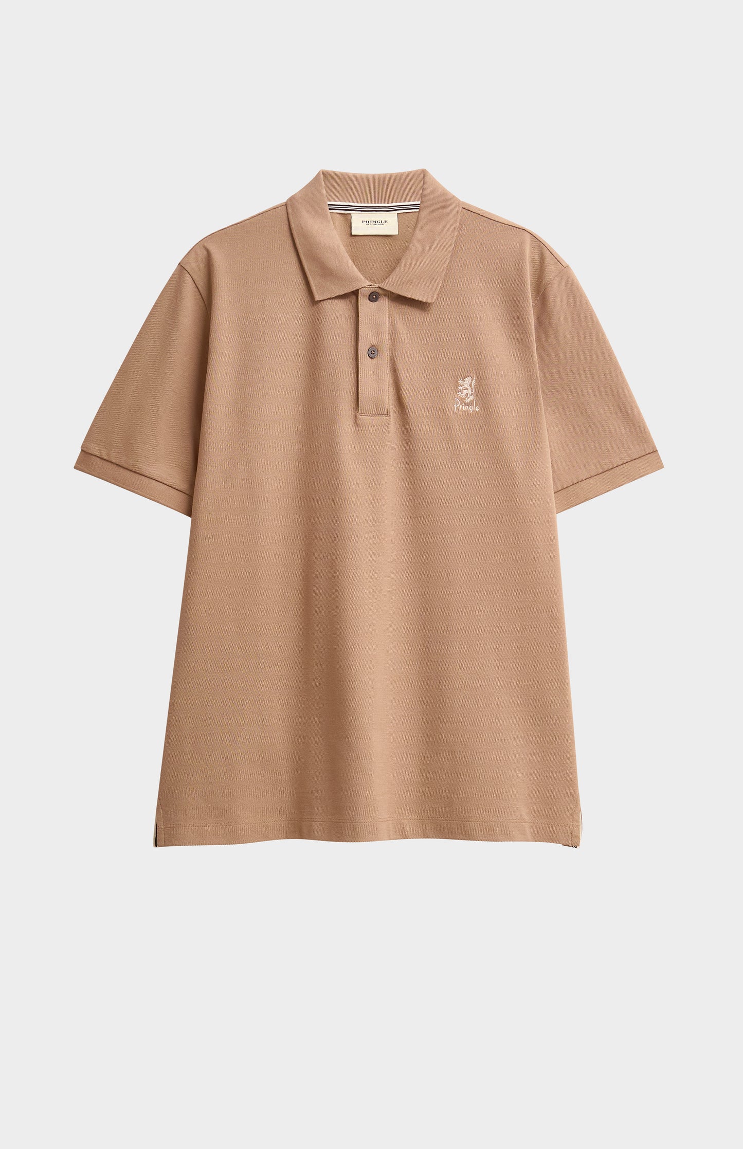 Brown polo shirt with a small logo on a light gray background