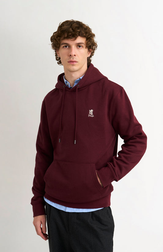 Pringle of Scotland Men's Hooded Jumper In Burgundy on model