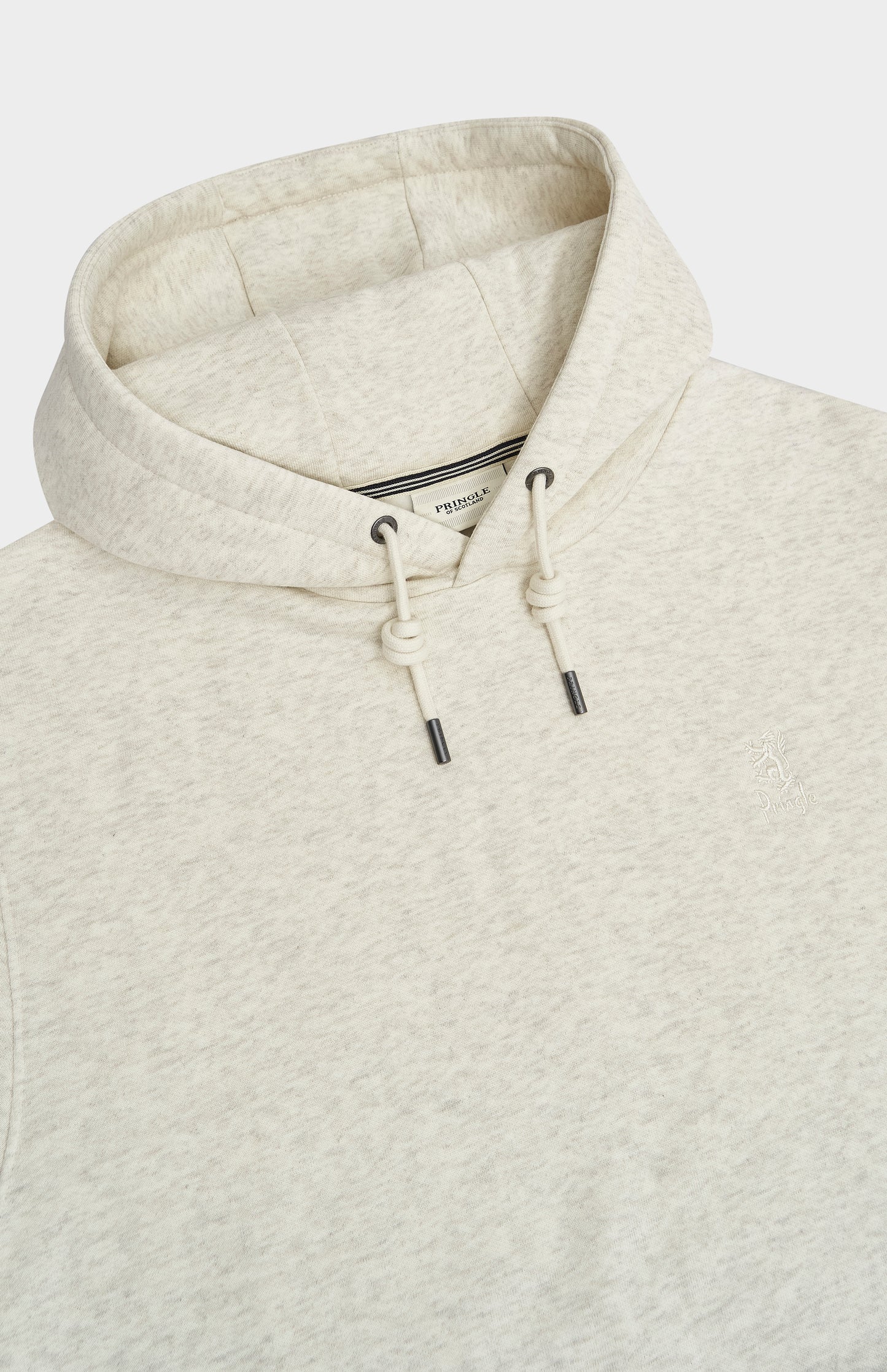 Pringle of Scotland Men's Hooded Jumper In Ecru Beige Melange neck detail;