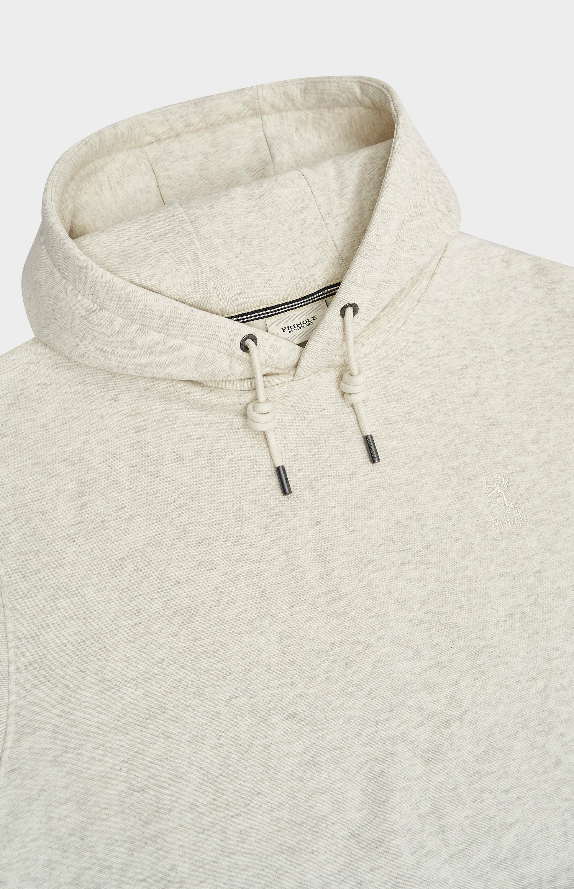 Pringle of Scotland Men's Hooded Jumper In Ecru Beige Melange neck detail;