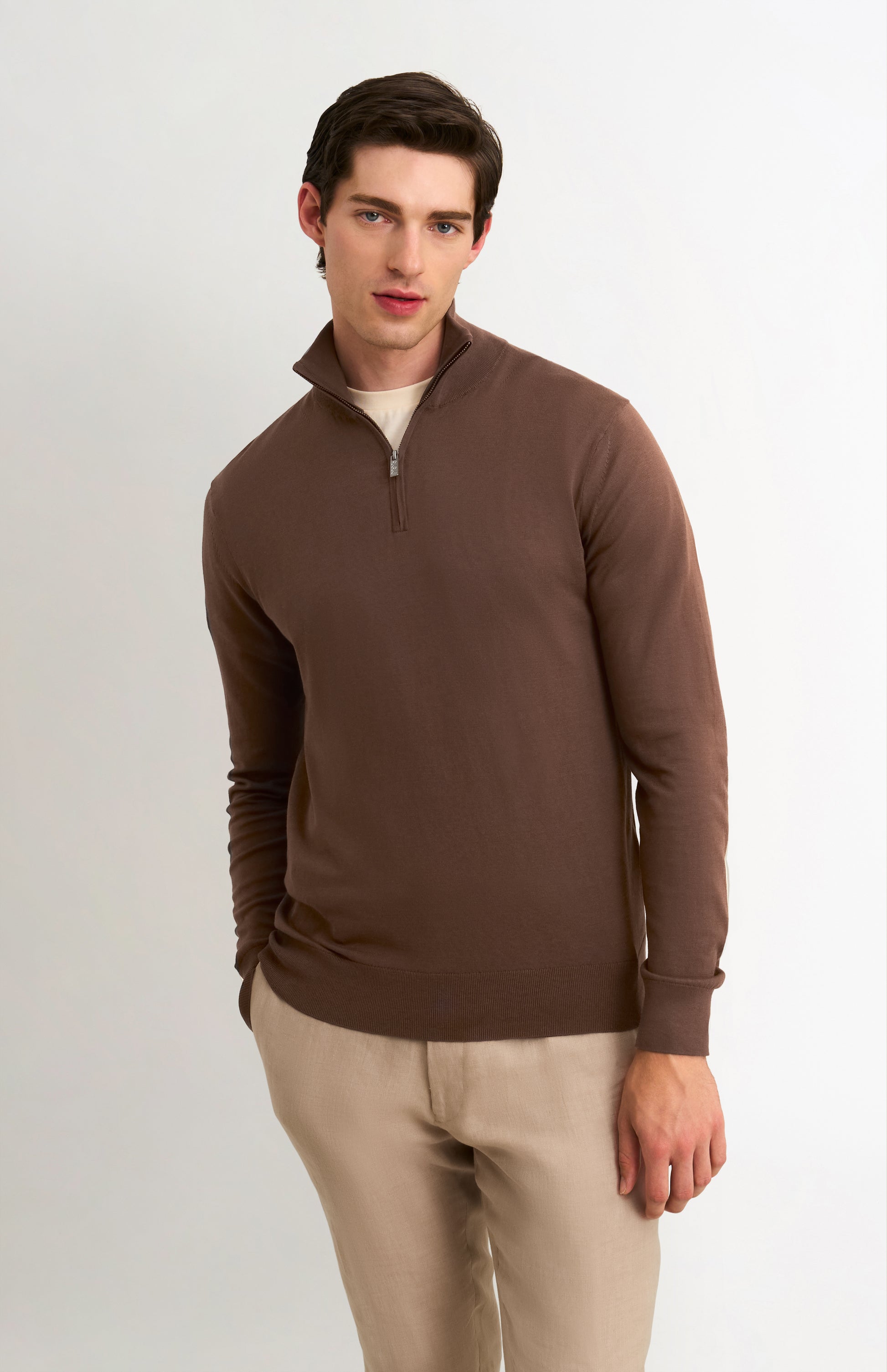 Men's Silk And Cotton Quarter Zip Jumper In Chocolate Brown