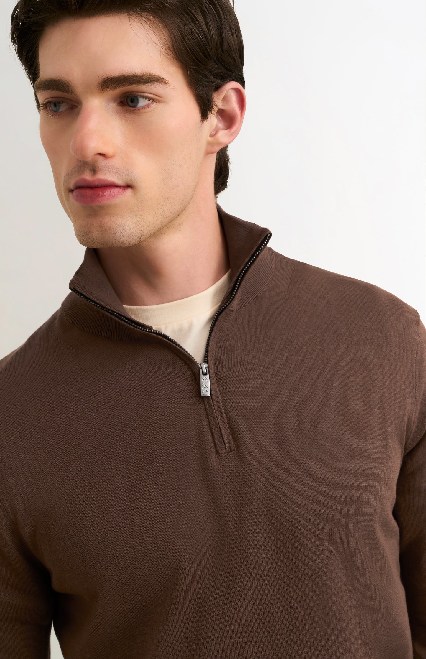 Men's Silk And Cotton Quarter Zip Jumper In Chocolate Brown