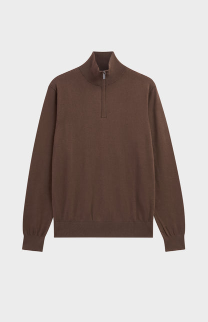 Men's Silk And Cotton Quarter Zip Jumper In Chocolate Brown