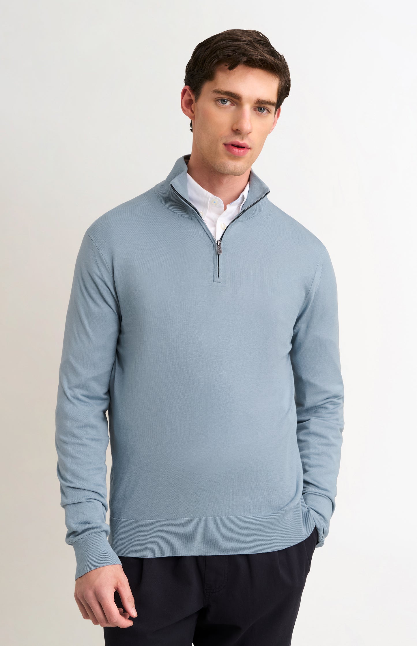 Men's Silk And Cotton Quarter Zip Jumper In Light Blue