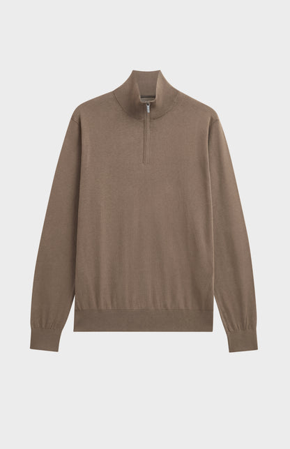Men's Silk And Cotton Quarter Zip Jumper In Mushroom