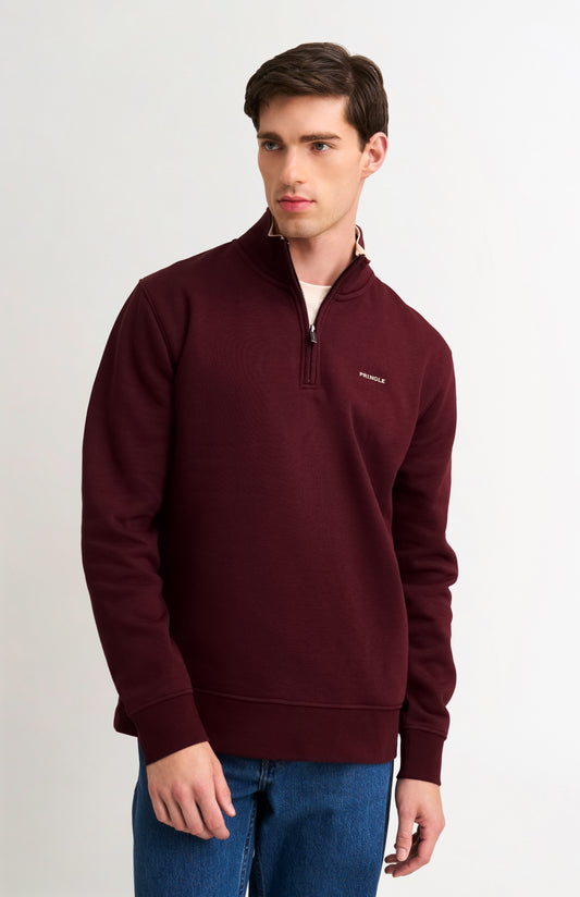 Mens Quarter Zip Track Jumper In Burgundy
