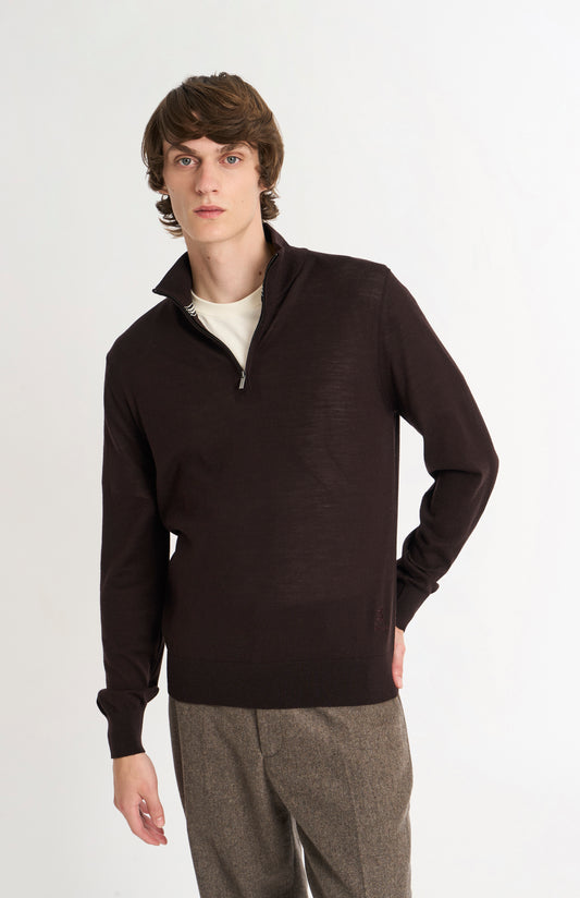 Men's Qtr Zip Extra Fine Merino Wool Jumper In Dark Brown