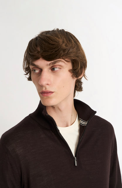 Men's Qtr Zip Extra Fine Merino Wool Jumper In Dark Brown