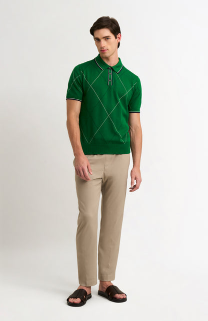 Men's Cotton And Silk Raker Stitch Polo Shirt In Green & Ecru