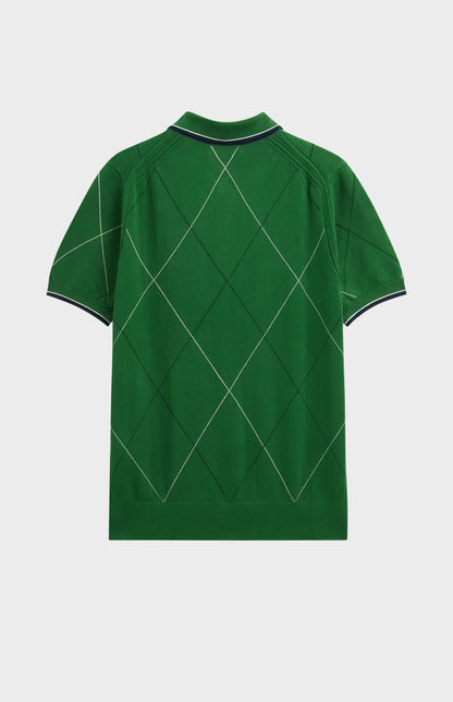 Men's Cotton And Silk Raker Stitch Polo Shirt In Green & Ecru