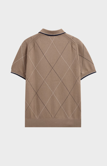Men's Cotton And Silk Raker Stitch Polo Shirt In Mushroom & Ecru
