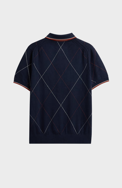 Men's Cotton And Silk Raker Stitch Polo Shirt In Navy & Red
