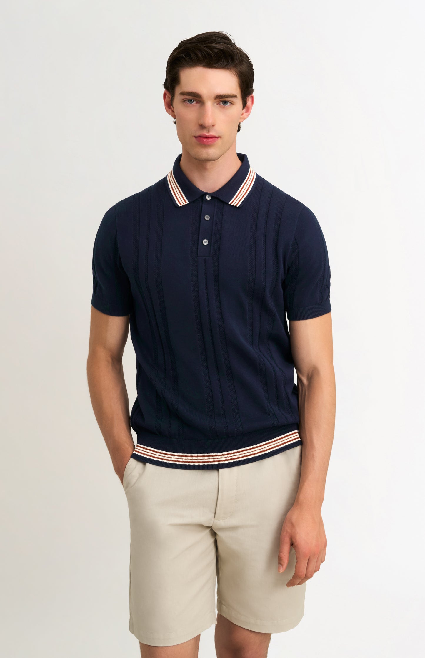 Men's Cotton And Silk Textured House Stripe Buttoned Polo Shirt In Navy