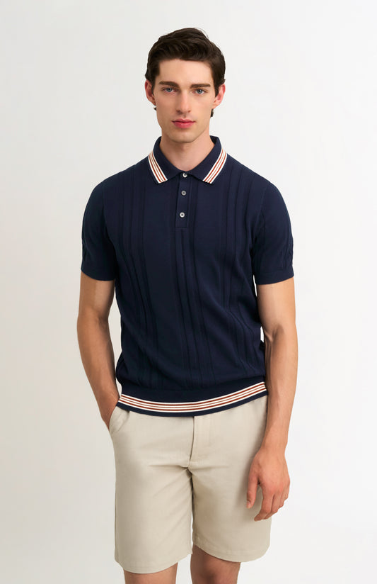 Men's Cotton And Silk Textured House Stripe Buttoned Polo Shirt In Navy