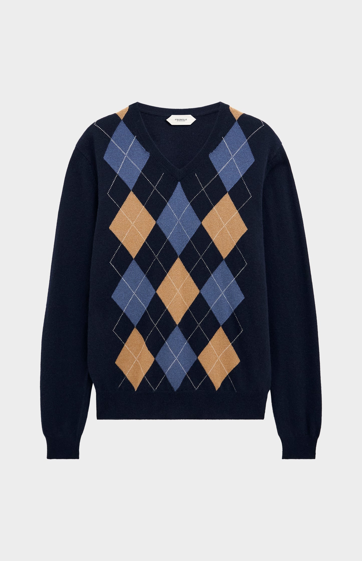Pringle Men’s Argyle Cashmere V-Neck Jumper In Navy, Camel & Blue