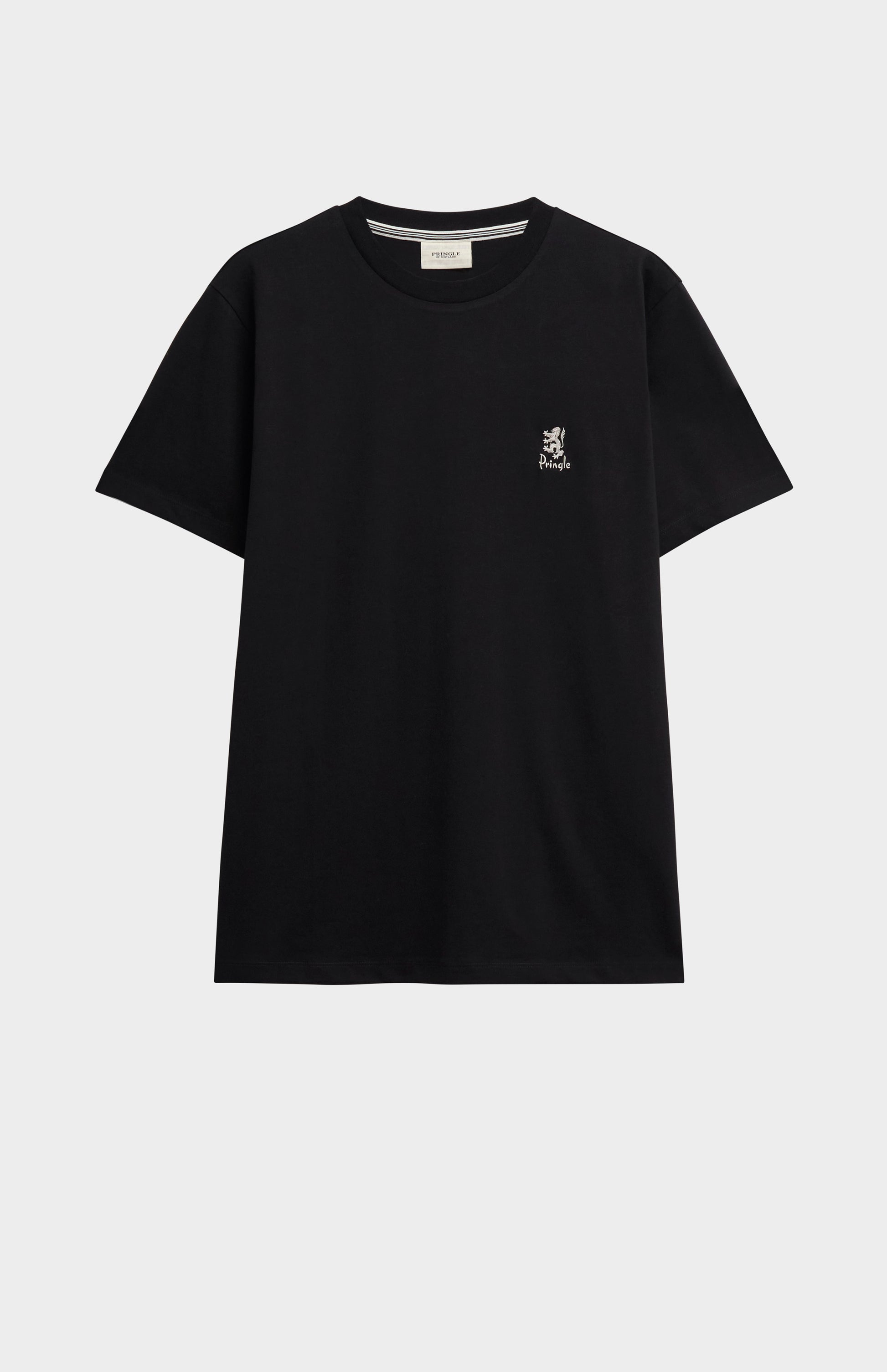 Black t-shirt with a small logo on a white background