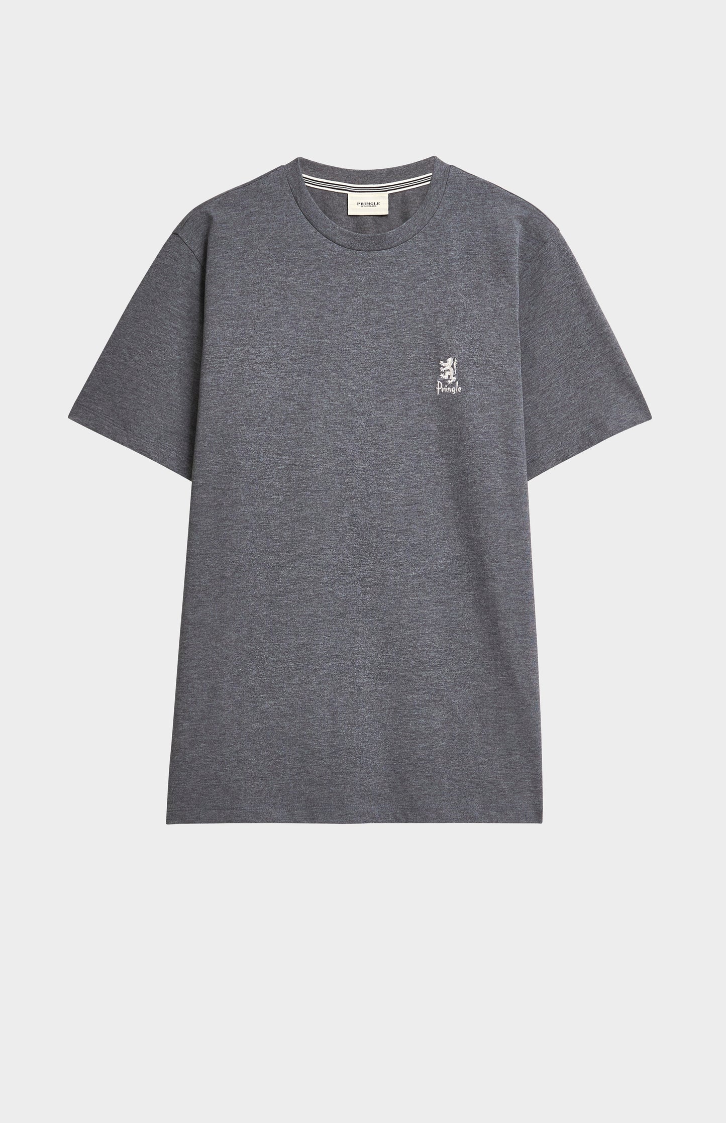 Gray t-shirt with a small white logo on a light gray background