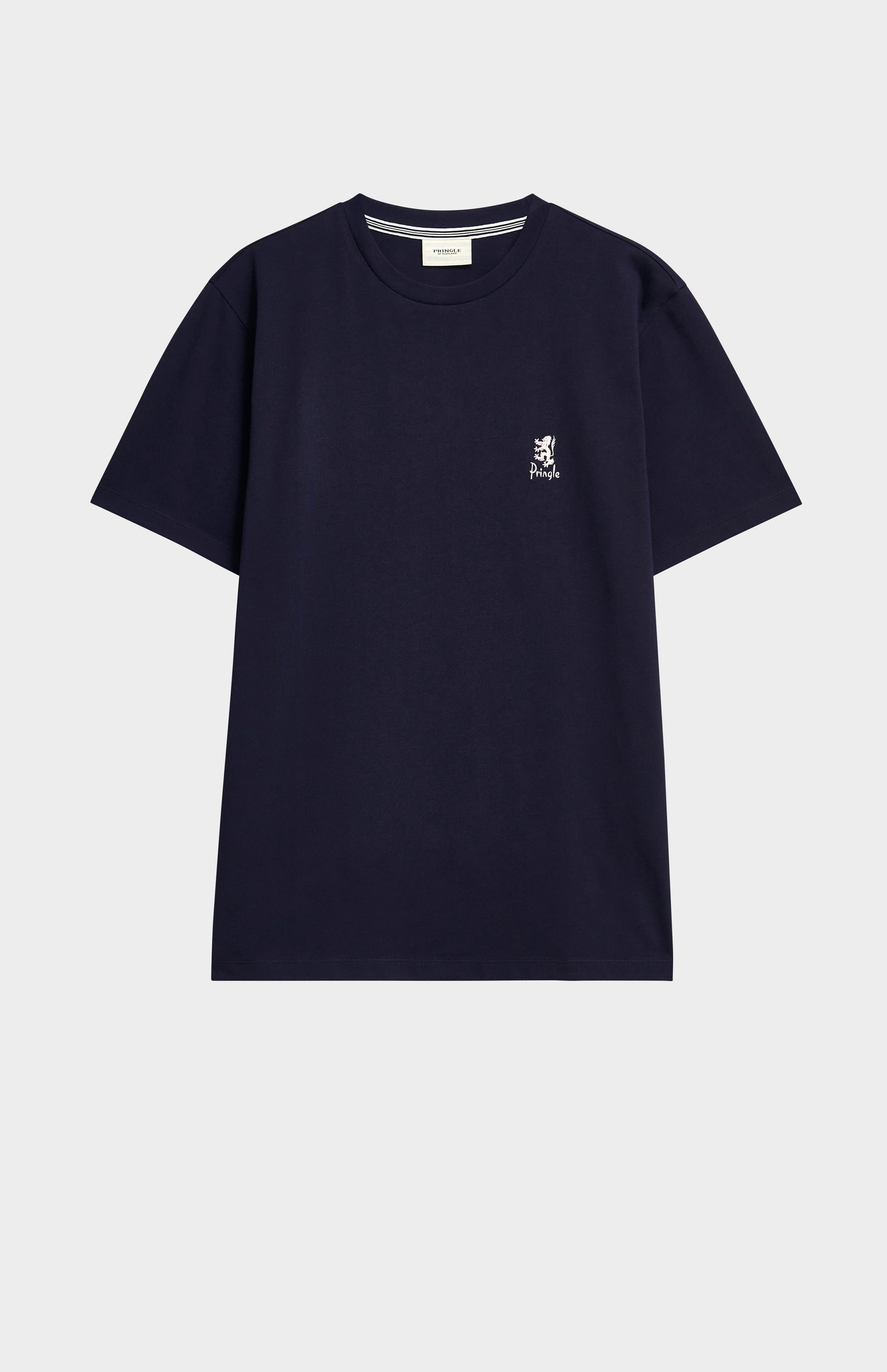 Navy blue t-shirt with a small logo on a light gray background