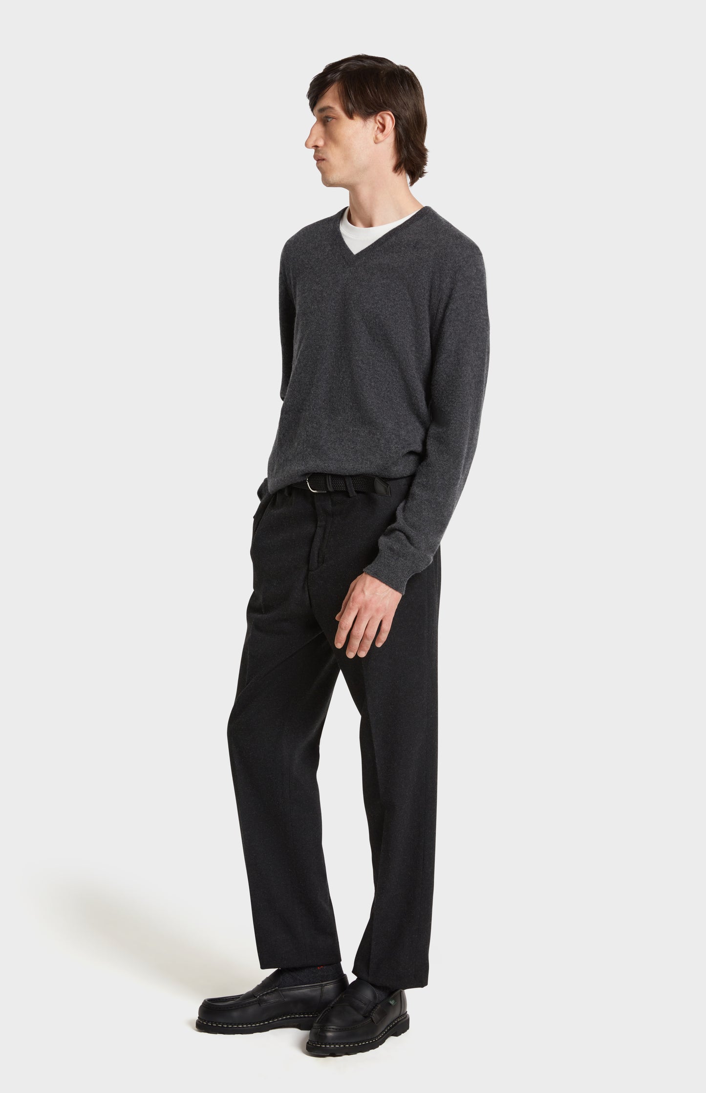 Full Front Look In Pringle of Scotland Men's V Neck Cashmere Jumper in Charcoal Melange