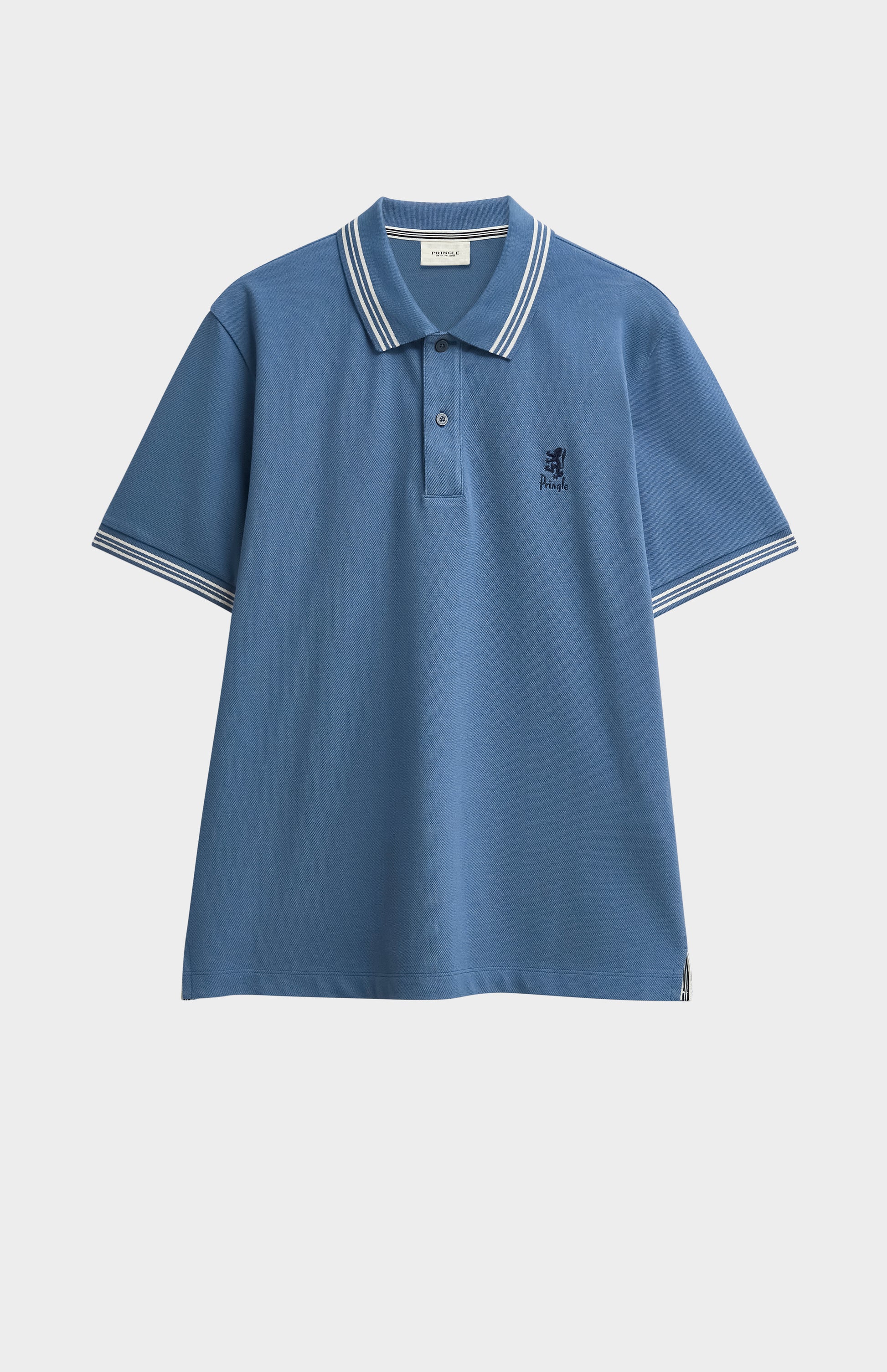 Mid blue polo with tipping details and Pringle logo on upper side of chest against light grey background