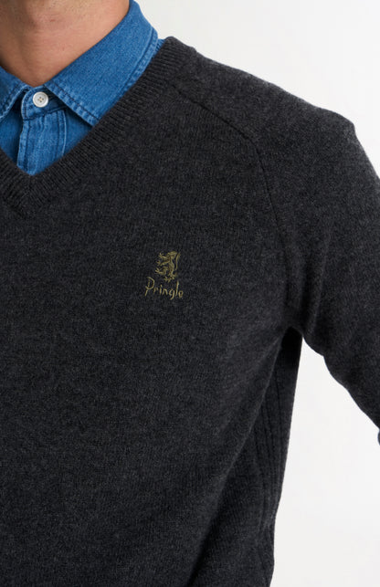 Pringle of Scotland Men’s Lambswool V Neck Jumper In Charcoal showing button detail