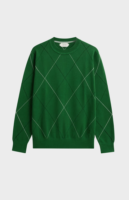 Men's Cotton And Silk Raker Stitch Crew Neck Jumper In Green & Ecru